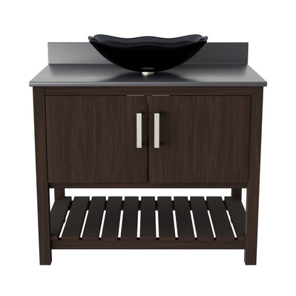 36-inch Novatto bath vanity with storm grey quartz countertop and integrated sink, showcasing sleek bathroom accessory design.
