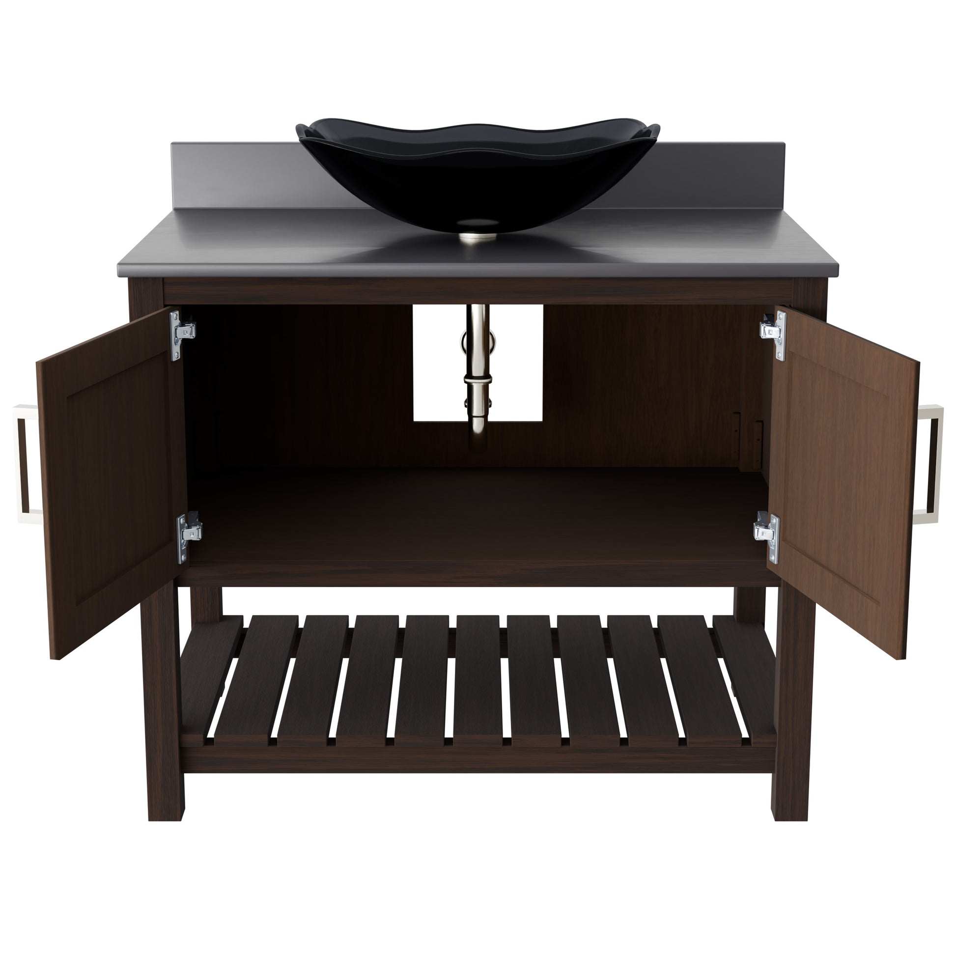 36-inch Novatto bath vanity with storm grey quartz countertop and sink, showcasing modern bathroom accessory design.
