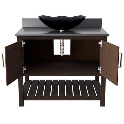 36-inch Novatto bath vanity with storm grey quartz countertop and sink, showcasing modern bathroom accessory design.