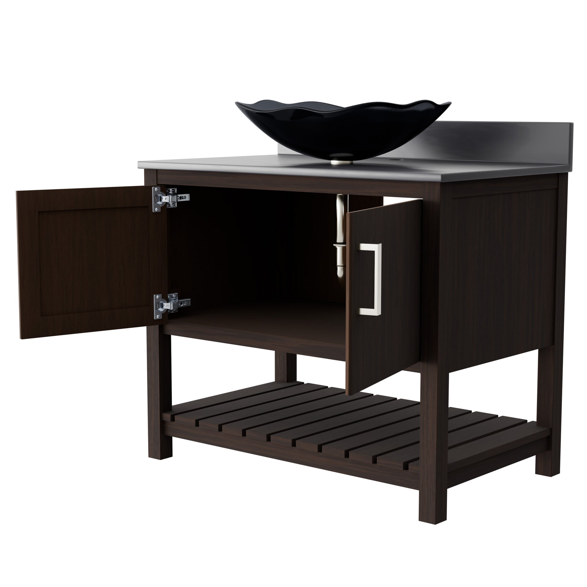 Novatto 36-inch bath vanity with storm grey quartz countertop and integrated sink, modern bathroom accessory design