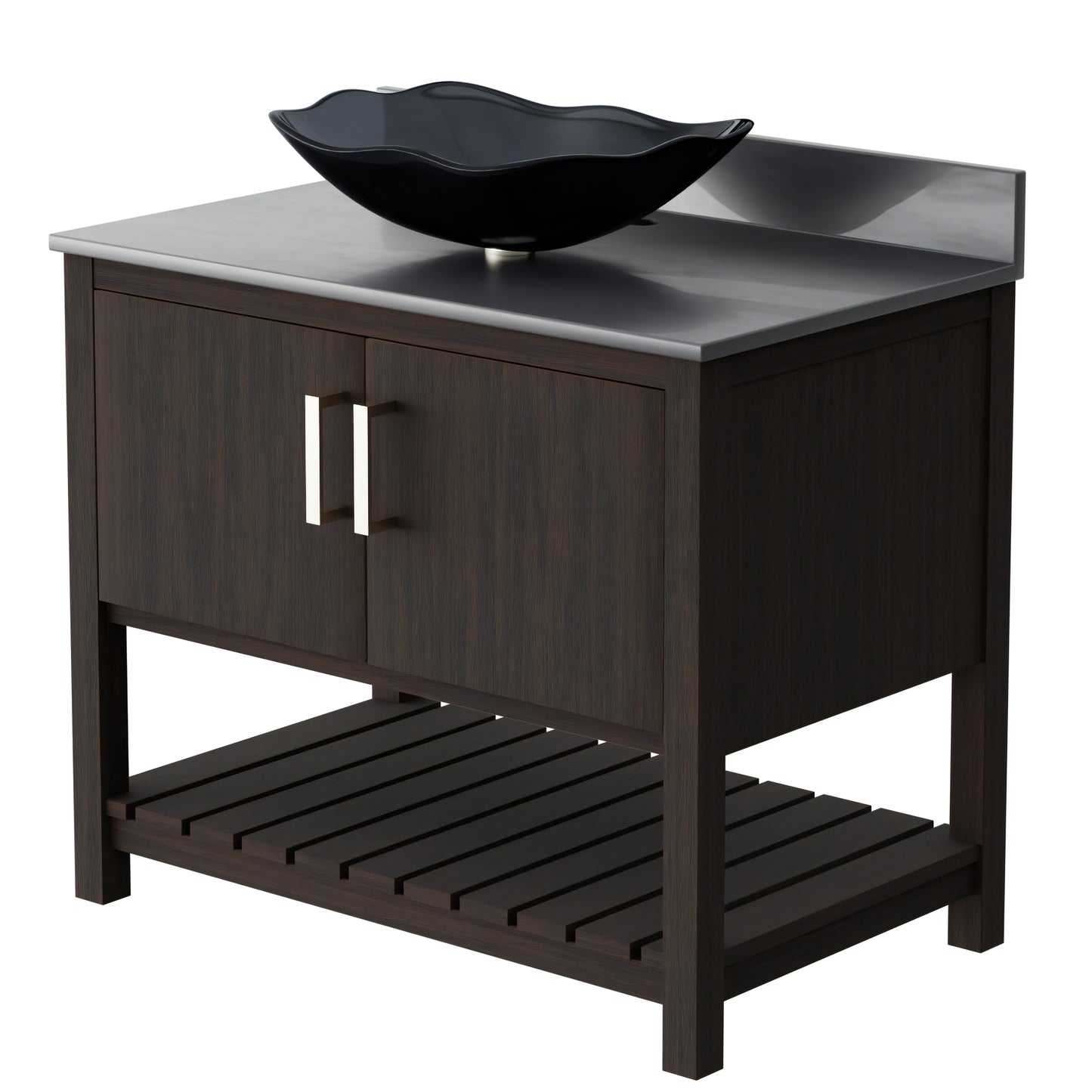 36-inch Novatto bath vanity with storm grey quartz countertop and sink, showcasing the sleek modern design and finish.