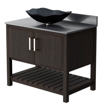 36-inch Novatto bath vanity with storm grey quartz countertop and sink, showcasing the sleek modern design and finish.
