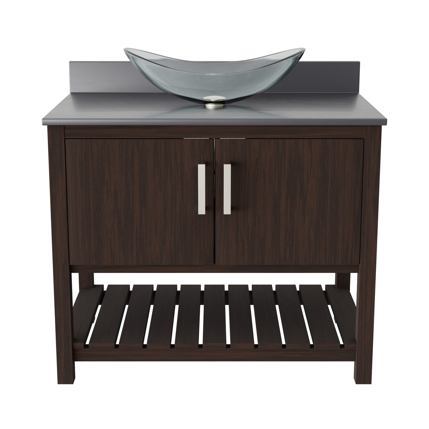 36-inch Novatto bath vanity with storm grey quartz countertop and sink, featuring a modern bathroom accessory design