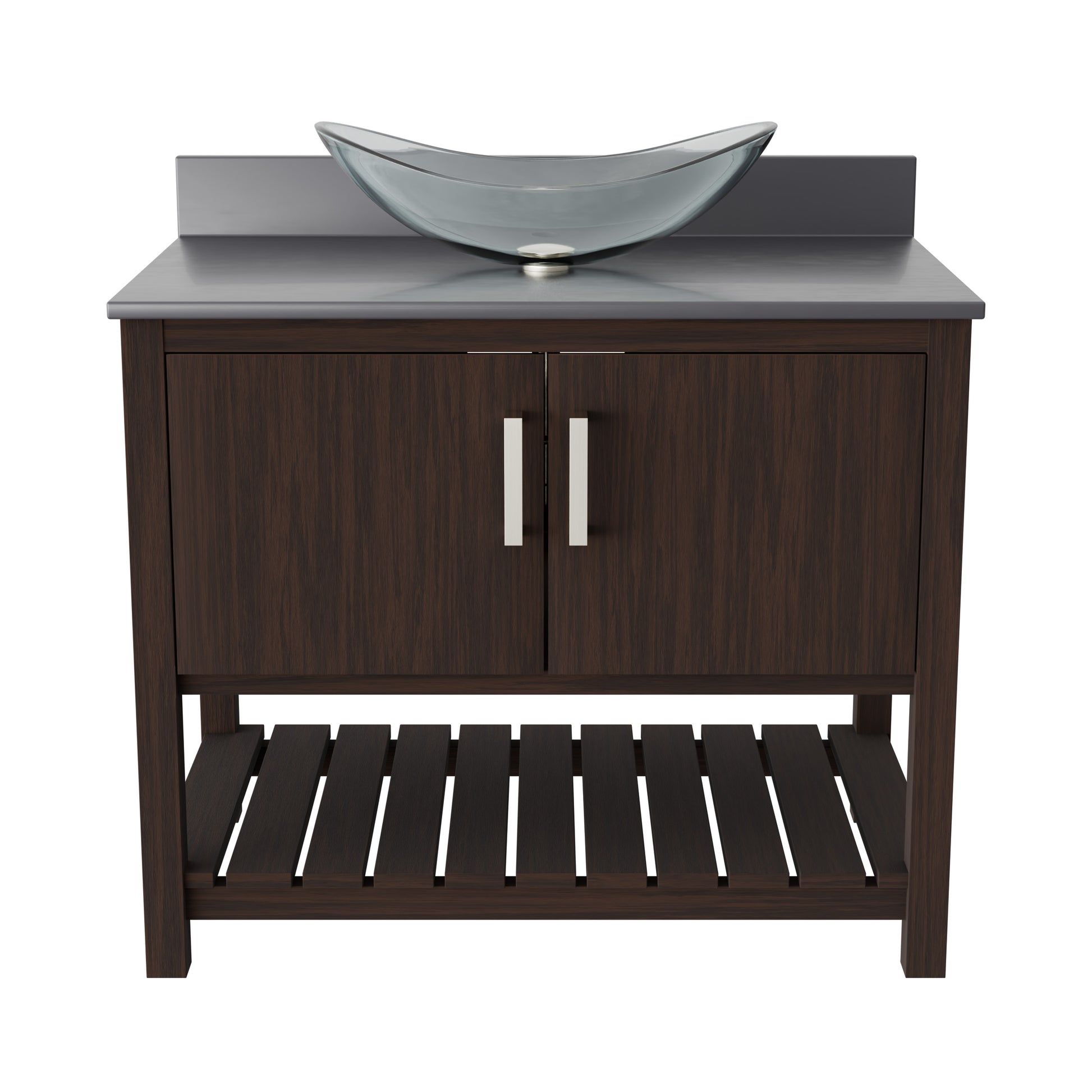 36-inch Novatto bath vanity with storm grey quartz countertop and sink, featuring a modern bathroom accessory design