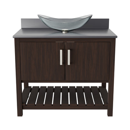 36-inch Novatto bath vanity with storm grey quartz countertop and sink, featuring a modern bathroom accessory design