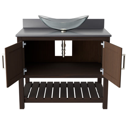 Novatto 36-inch bath vanity with storm grey quartz countertop and integrated sink, showcasing sleek modern bathroom accessory design.