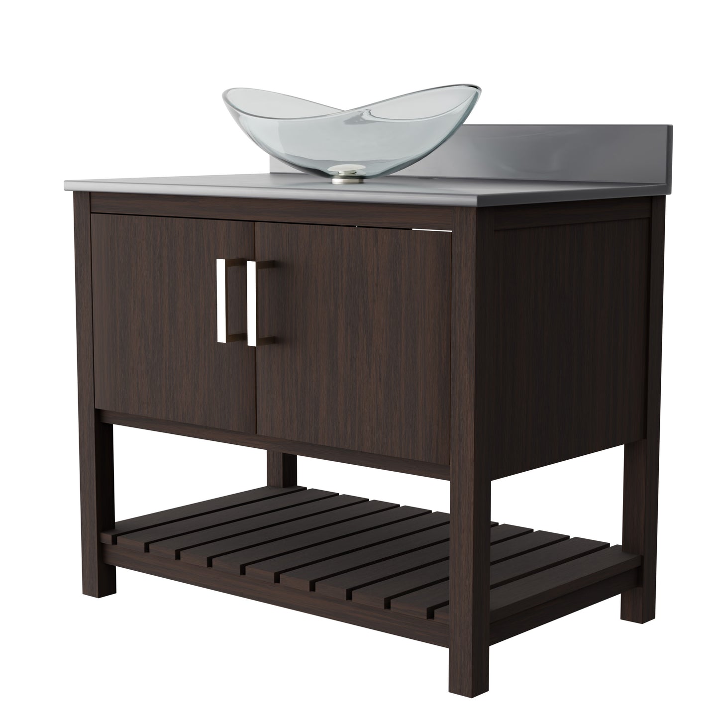Novatto 36-inch bath vanity with storm grey quartz countertop and sink, showcasing a modern bathroom accessory design.