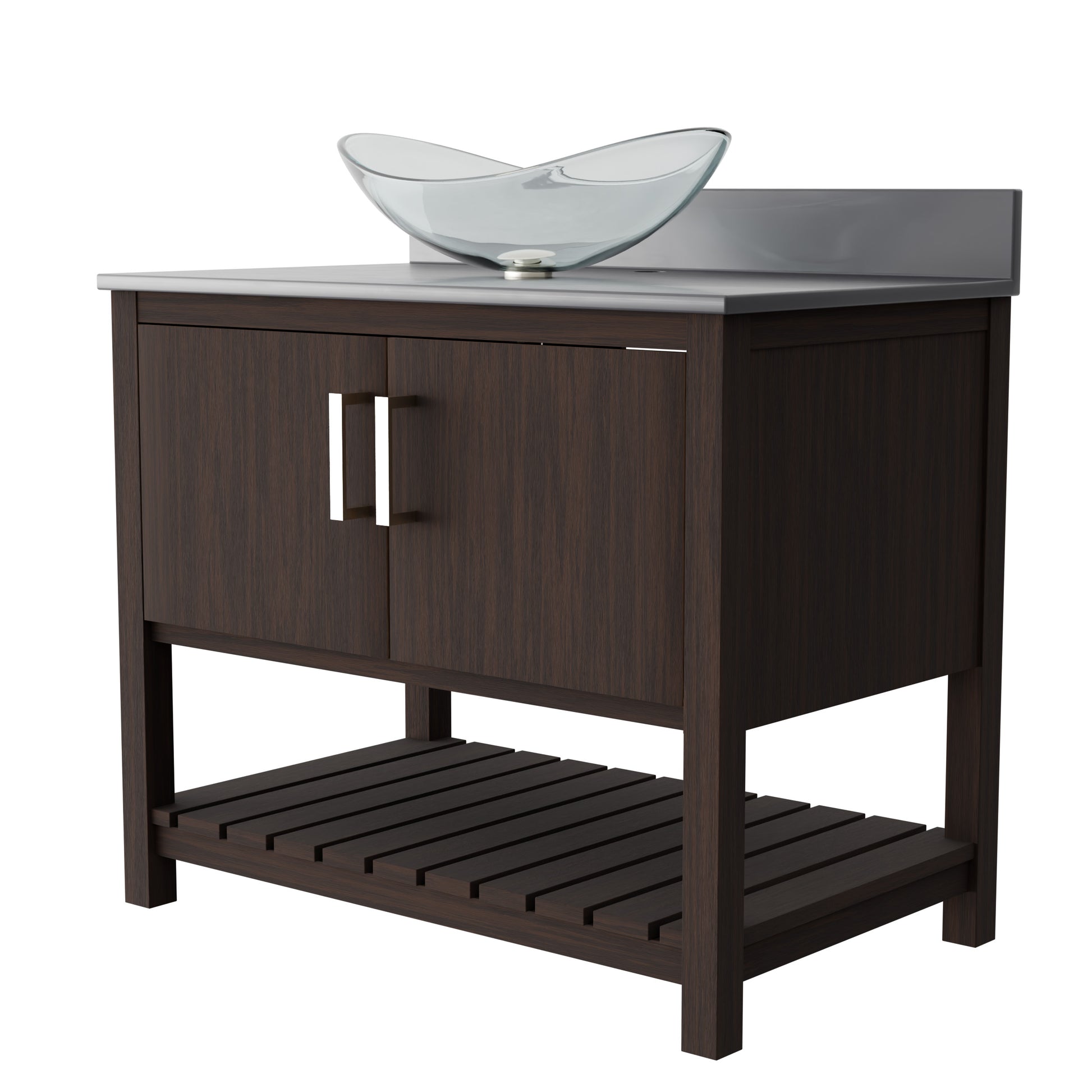 Novatto 36-inch bath vanity with storm grey quartz countertop and sink, showcasing a modern bathroom accessory design.