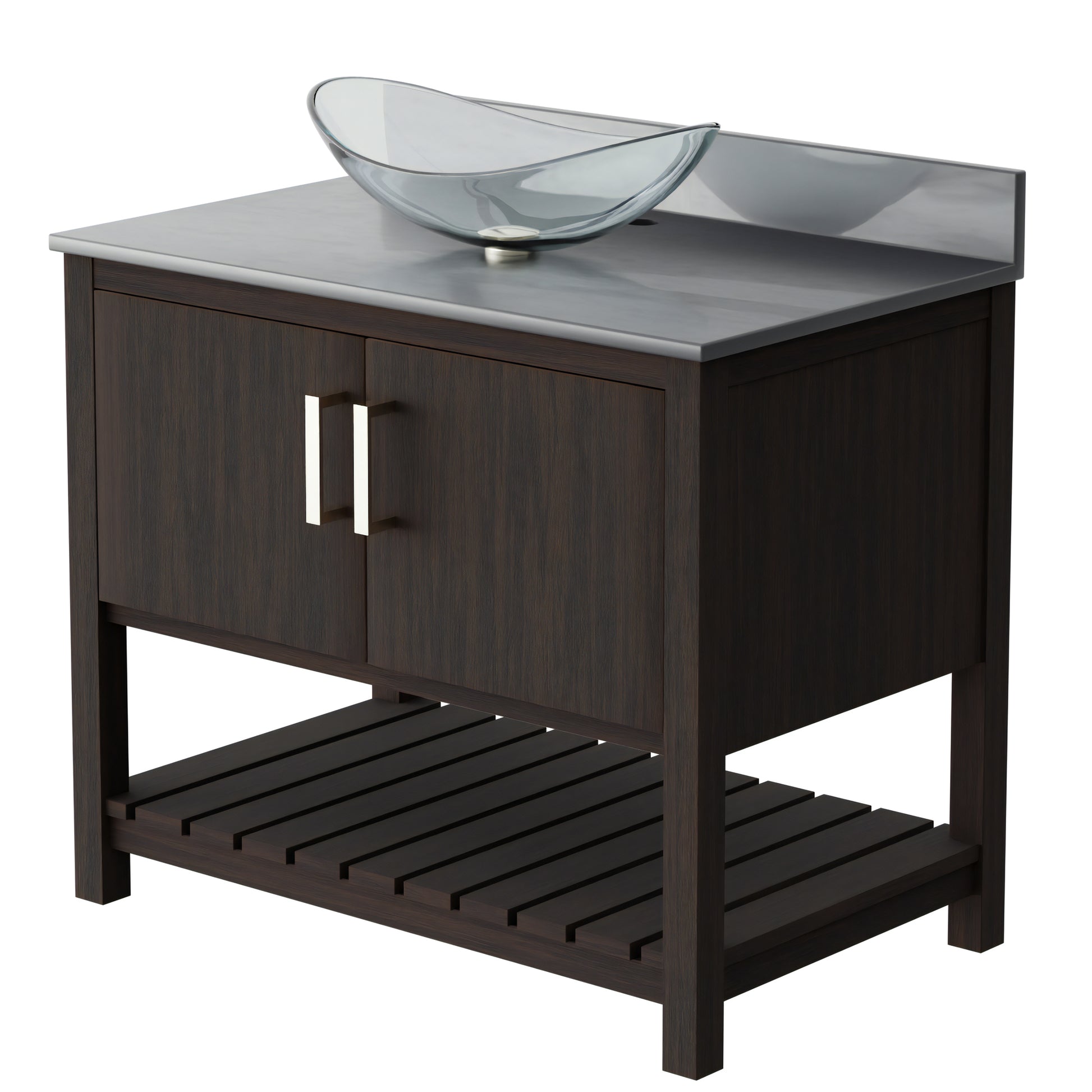 36-inch Novatto bath vanity with storm grey quartz countertop and integrated sink, showcasing modern bathroom accessory design.