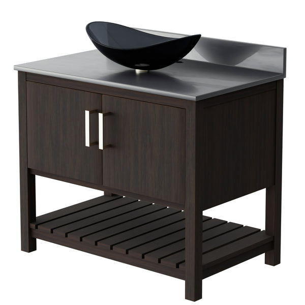 36-inch Novatto bath vanity with storm grey quartz countertop and integrated sink, showcasing sleek bathroom accessory design.