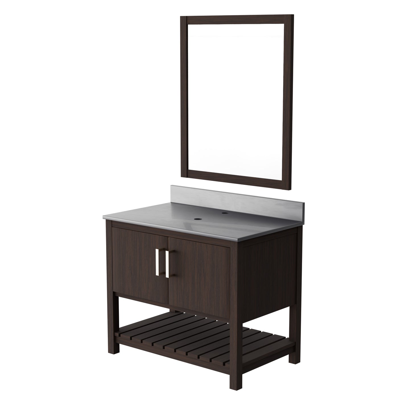 36-inch Novatto vanity with storm grey quartz countertop, modern bathroom accessory with sleek design and durable surface.