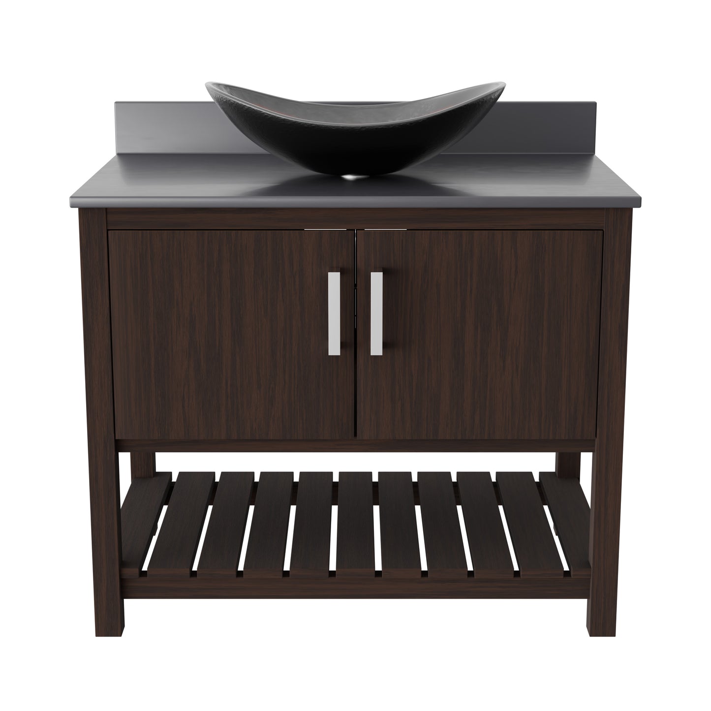 36-inch Novatto bath vanity with storm grey quartz countertop and integrated sink, modern bathroom accessory design