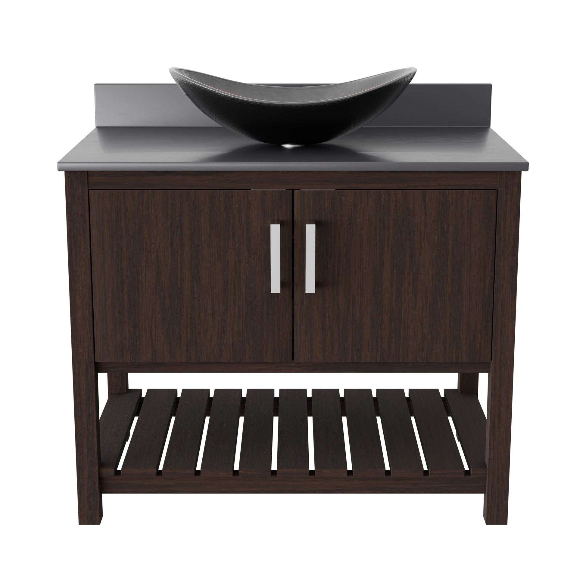 36-inch Novatto bath vanity with storm grey quartz countertop and integrated sink, modern bathroom accessory design