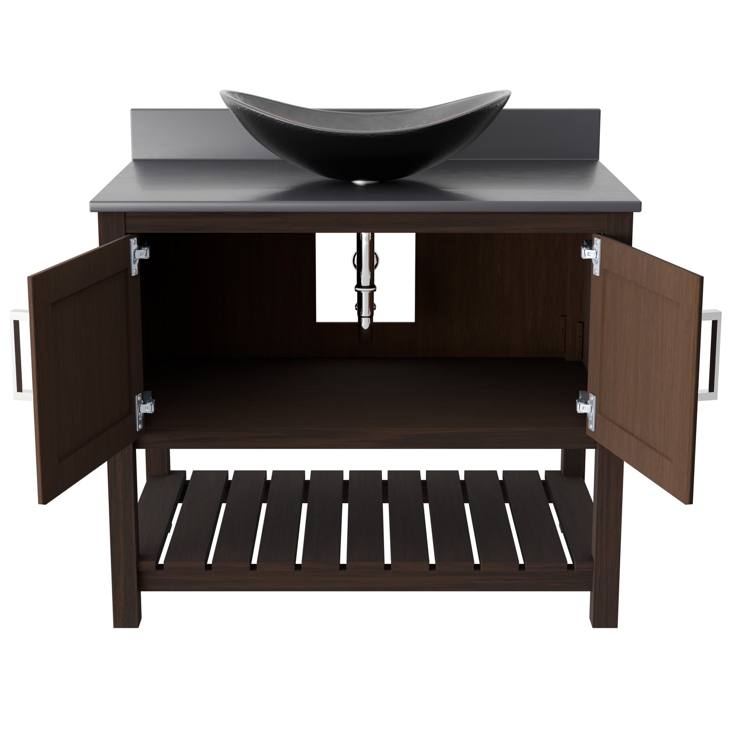 36-inch Novatto bath vanity with storm grey quartz countertop and integrated sink, showcasing a sleek bathroom accessory design.