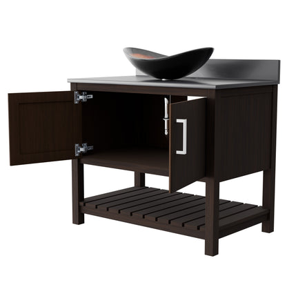 Novatto 36-inch bath vanity with storm grey quartz countertop and integrated sink, modern bathroom accessory, front view.