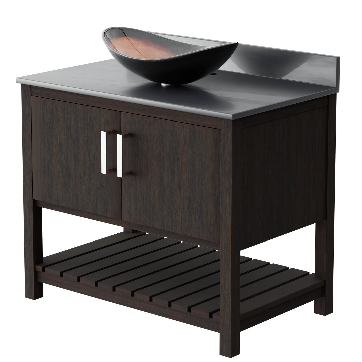 36-inch Novatto bath vanity with storm grey quartz countertop and integrated sink, modern bathroom accessory.