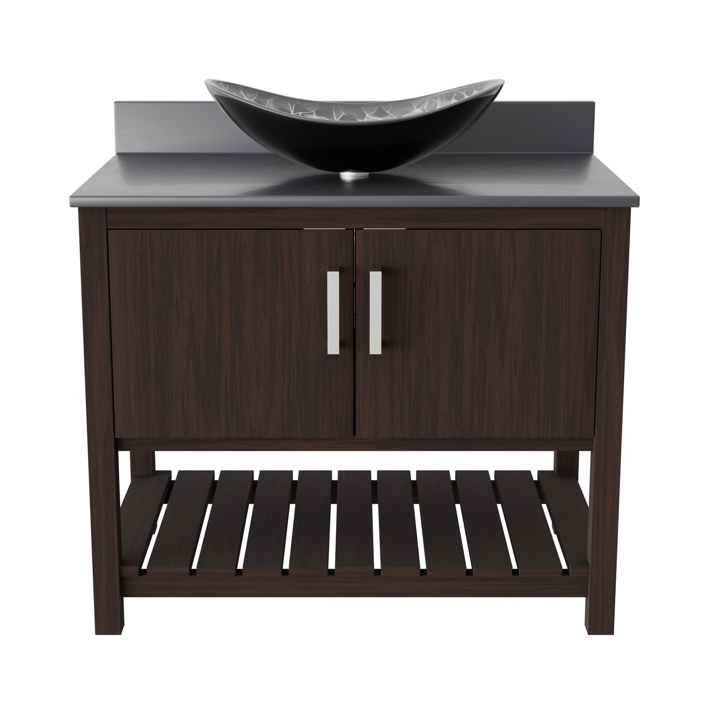 36-inch Novatto bath vanity with storm grey quartz countertop and integrated sink, stylish bathroom accessory.