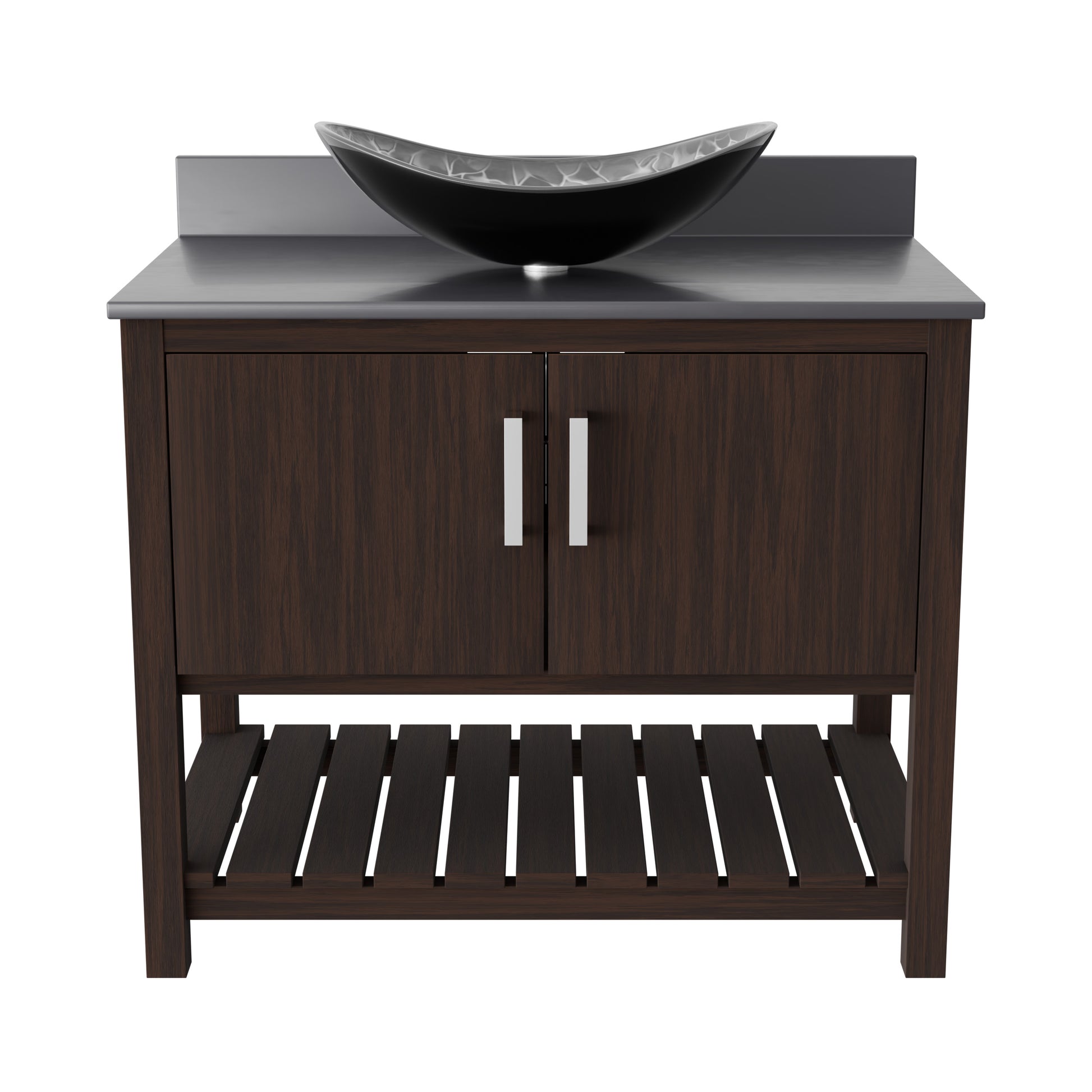 36-inch Novatto bath vanity with storm grey quartz countertop and integrated sink, stylish bathroom accessory.