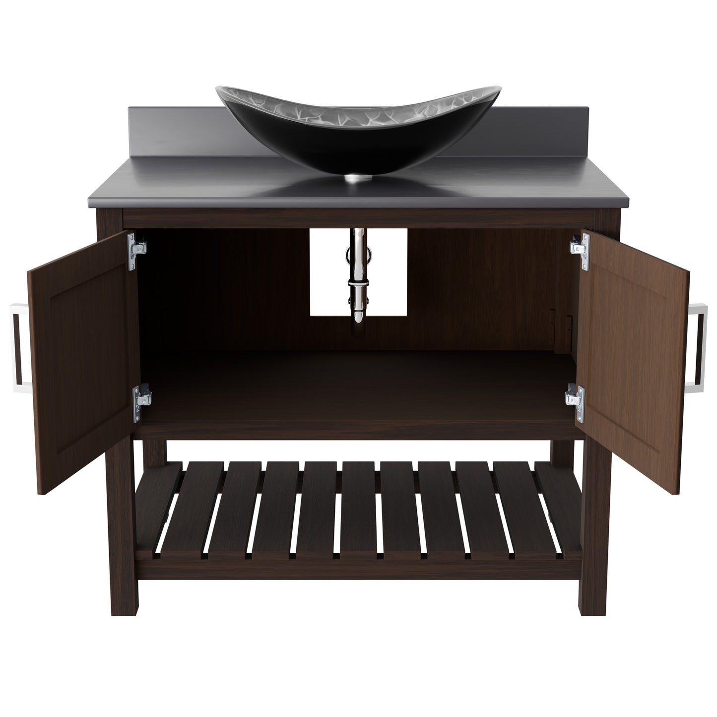36-inch Novatto bath vanity with storm grey quartz countertop and integrated sink, modern bathroom accessory design