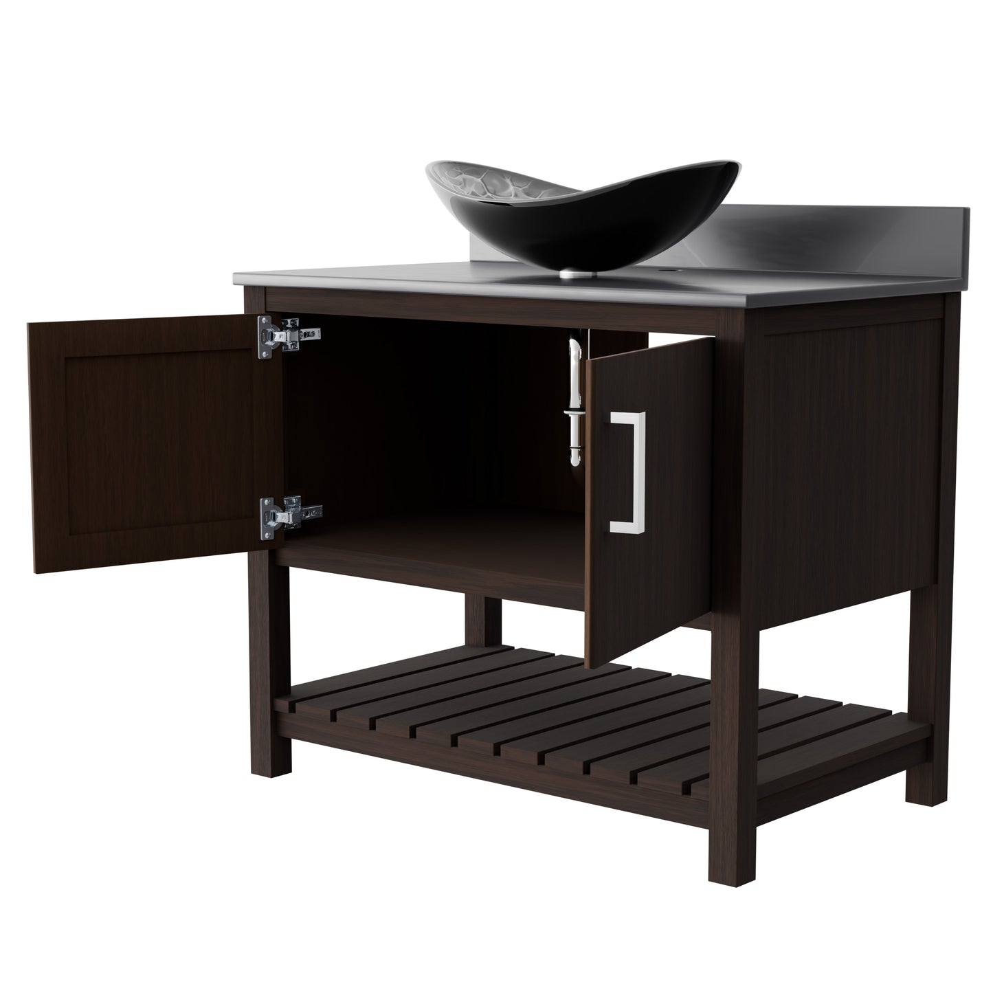 36-inch Novatto bath vanity with storm grey quartz countertop and sink, modern bathroom accessory.