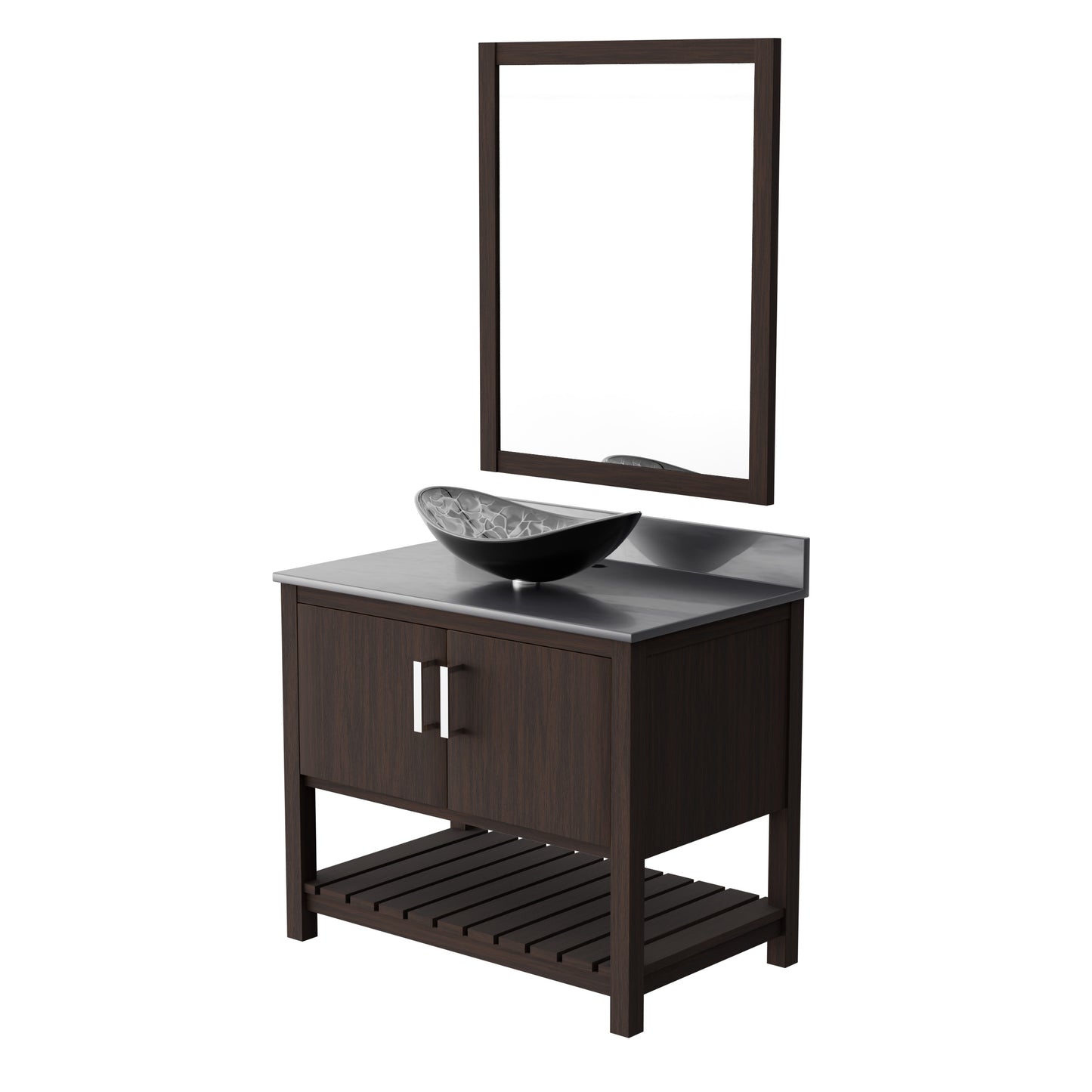 36-inch Novatto bath vanity with storm grey quartz countertop and integrated sink, showcasing modern bathroom accessory design.