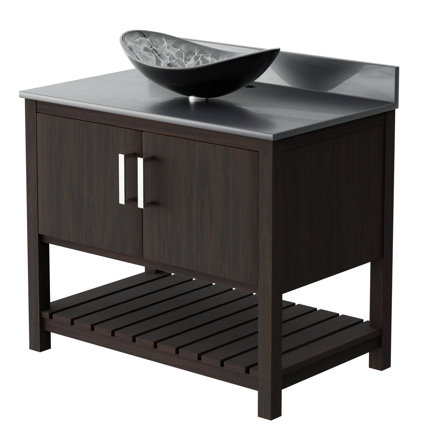 36-inch Novatto bath vanity with storm grey quartz countertop and integrated sink, showcasing modern bathroom accessory design.