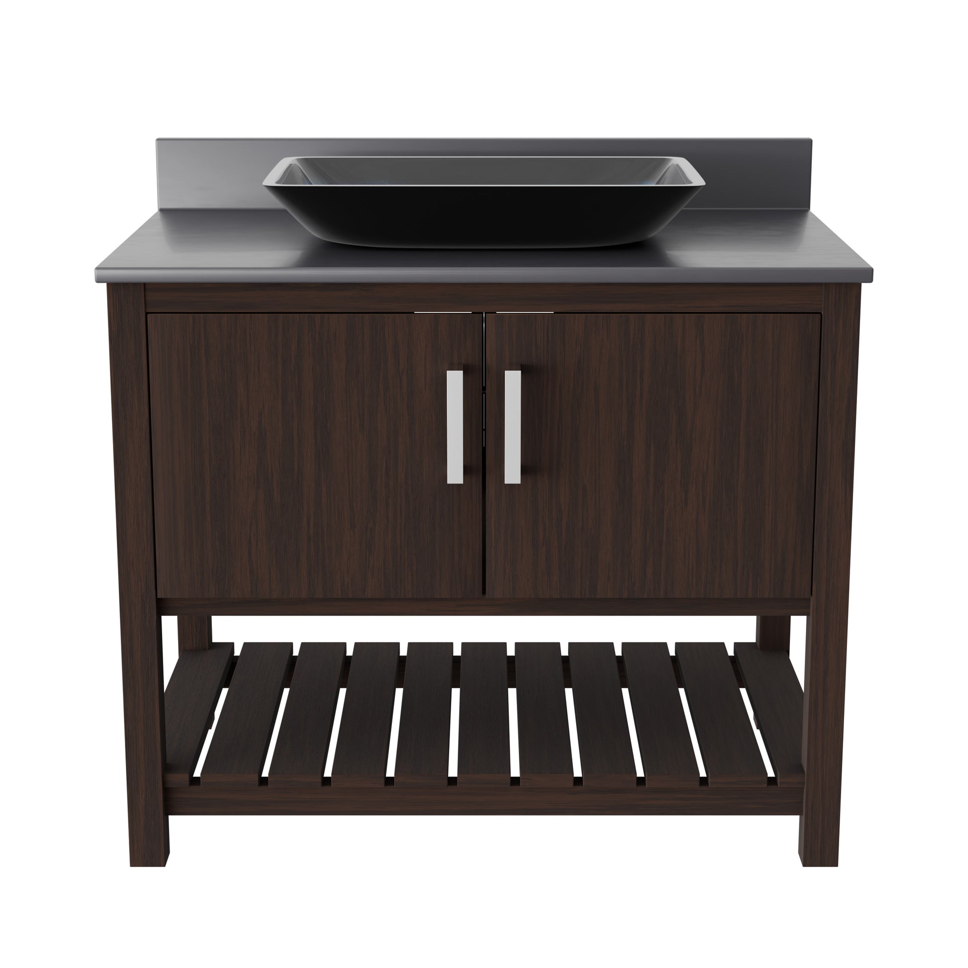 36-inch Novatto bath vanity with storm grey quartz countertop and integrated sink, modern bathroom accessory.