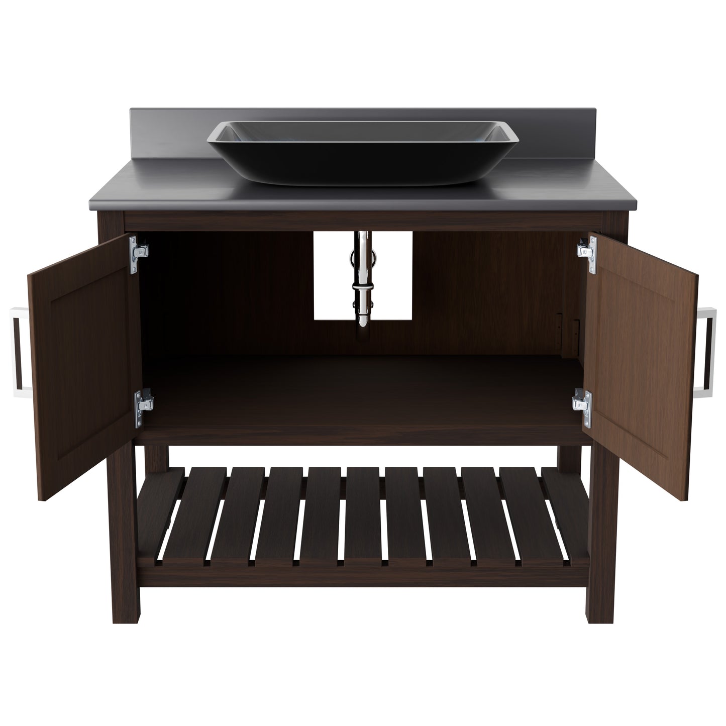 36-inch Novatto bath vanity with storm grey quartz countertop and integrated sink, showcasing sleek bathroom accessory design.