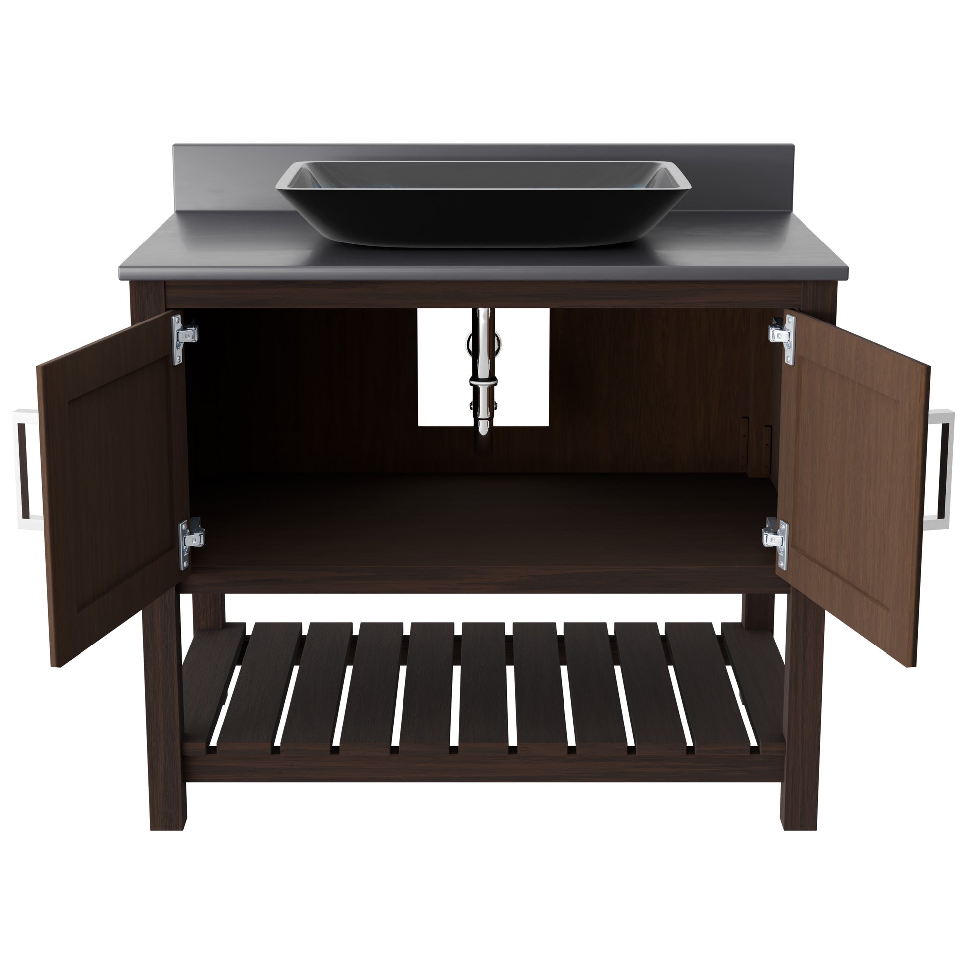 36-inch Novatto bath vanity with storm grey quartz countertop and integrated sink, showcasing sleek bathroom accessory design.