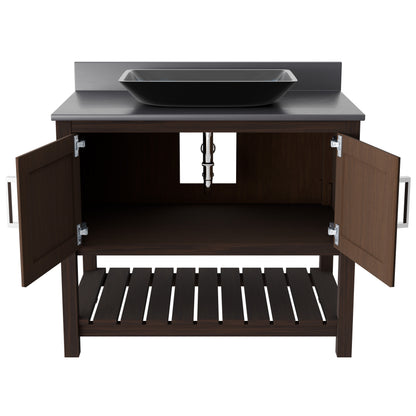 36-inch Novatto bath vanity with storm grey quartz countertop and integrated sink, showcasing sleek bathroom accessory design.