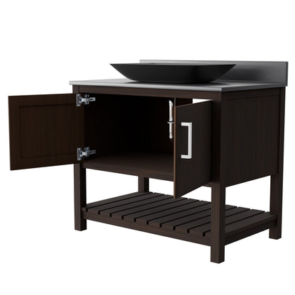 36-inch Novatto bath vanity with storm grey quartz countertop and integrated sink, showcasing sleek bathroom accessory design.