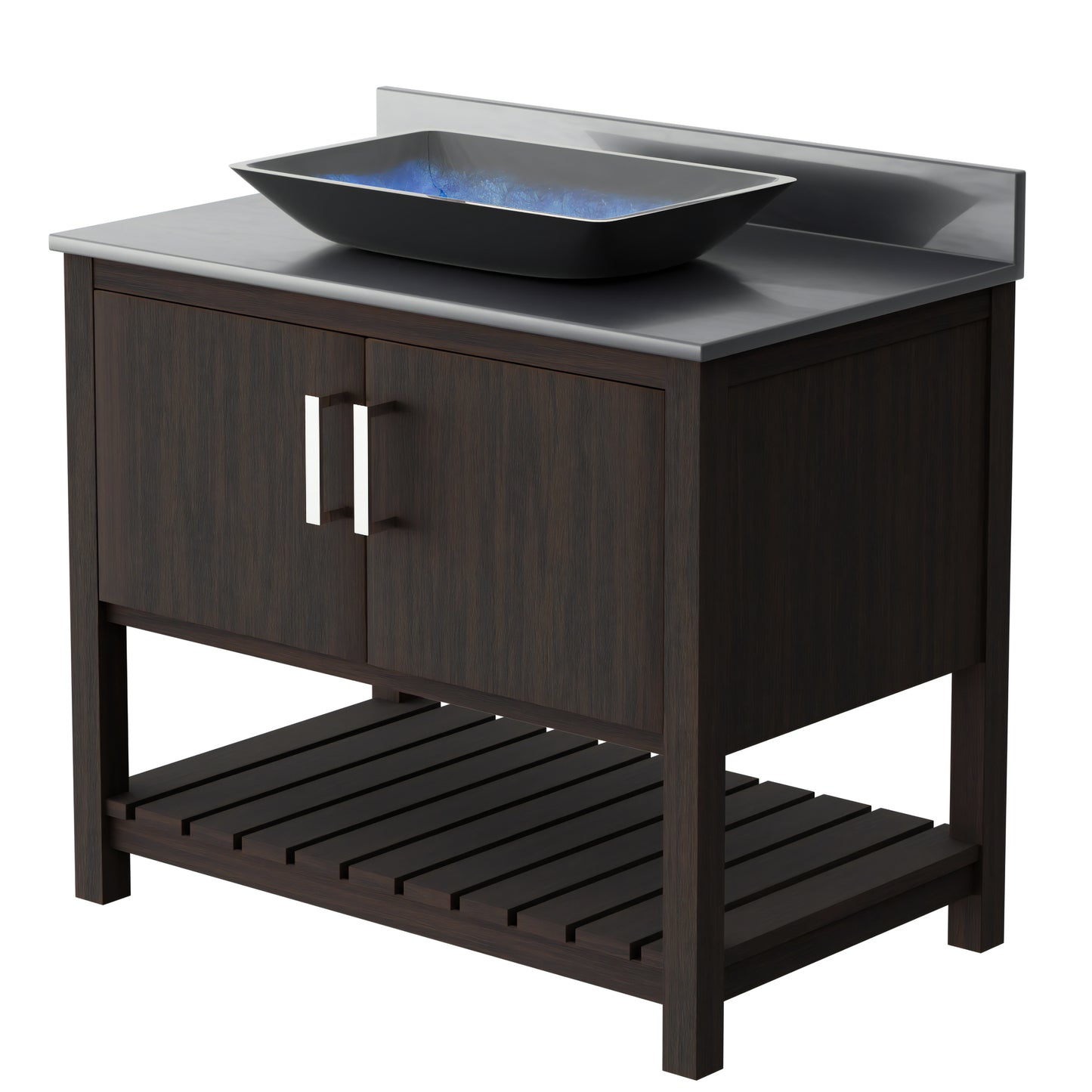 Novatto 36-inch bath vanity with storm grey quartz countertop and integrated sink, modern bathroom accessory.