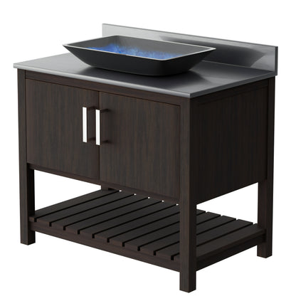 Novatto 36-inch bath vanity with storm grey quartz countertop and integrated sink, modern bathroom accessory.