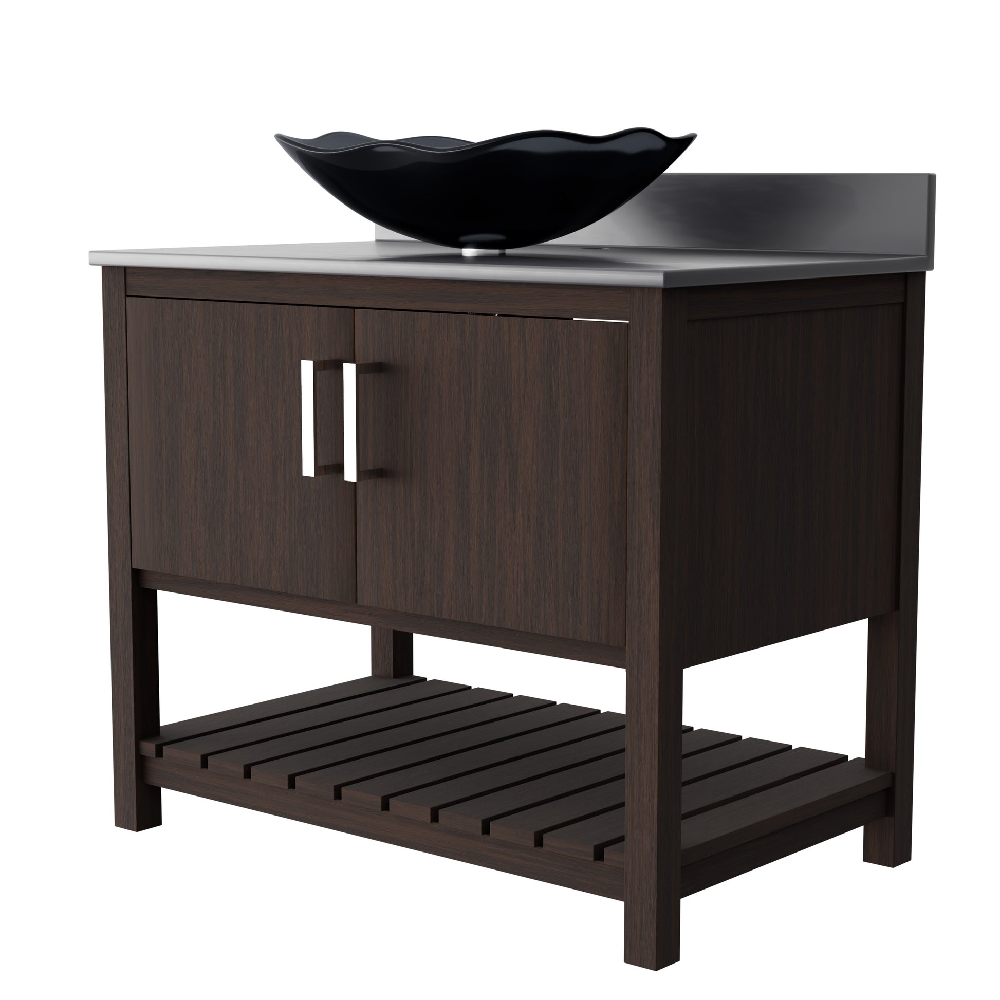 36-inch Novatto bath vanity with storm grey quartz countertop and sink, showcasing modern bathroom accessory design.