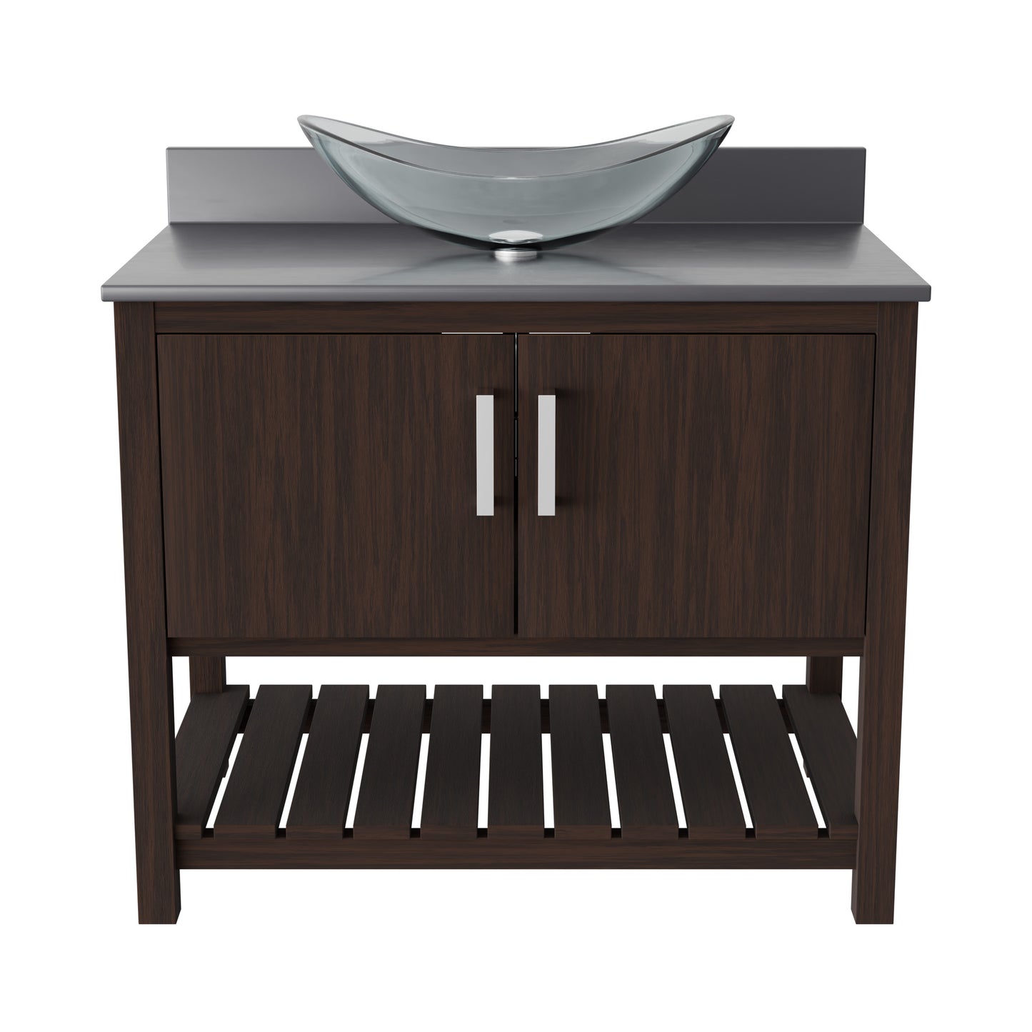 Novatto 36-inch bathroom vanity with storm grey quartz countertop and sink, showcasing sleek design and modern style.