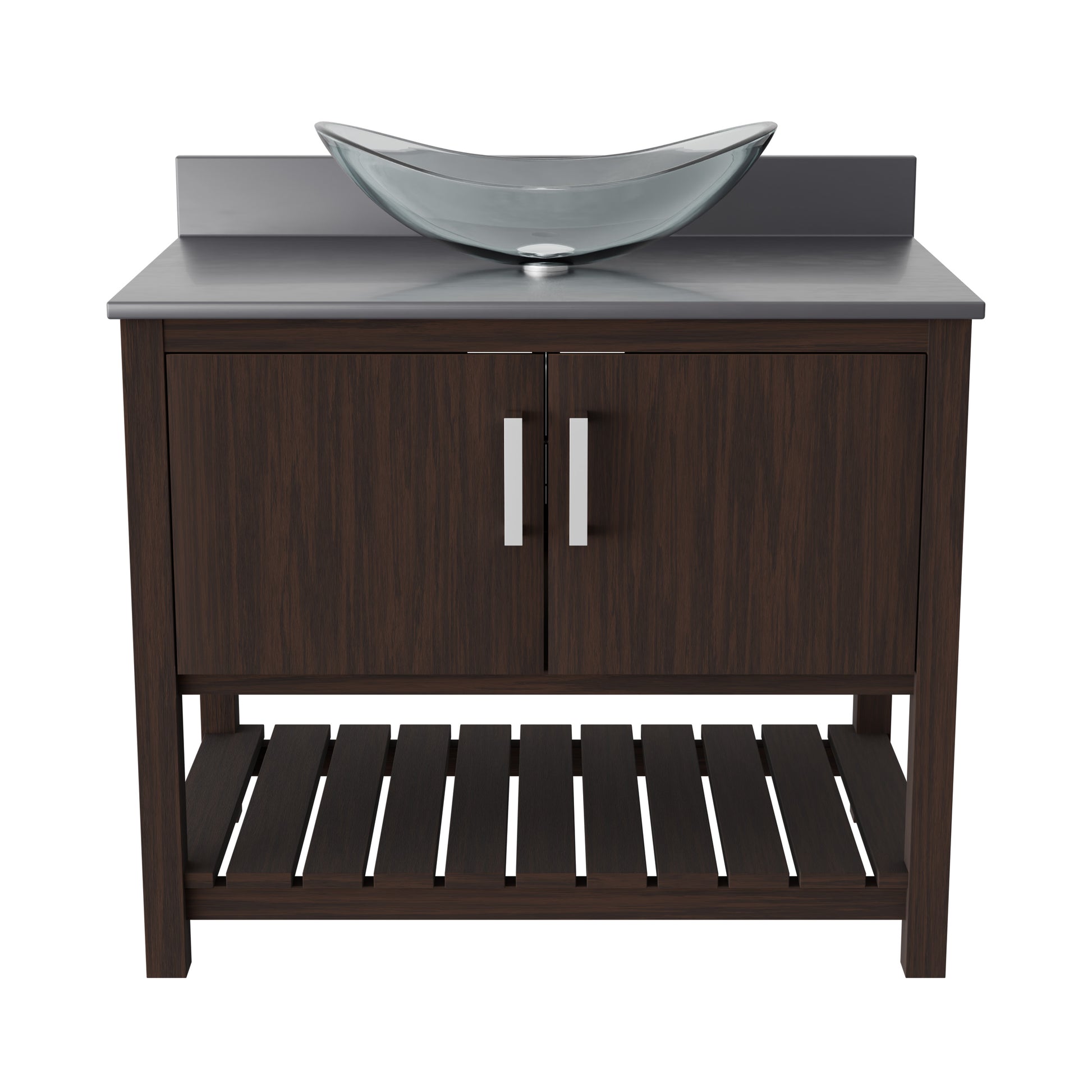 Novatto 36-inch bathroom vanity with storm grey quartz countertop and sink, showcasing sleek design and modern style.