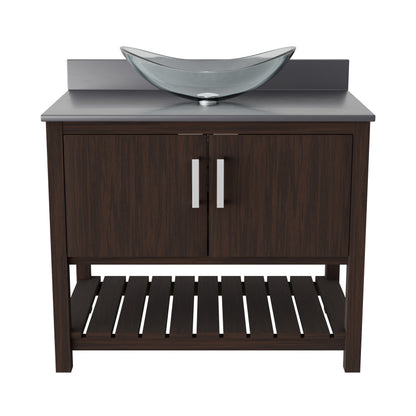 Novatto 36-inch bathroom vanity with storm grey quartz countertop and sink, showcasing sleek design and modern style.