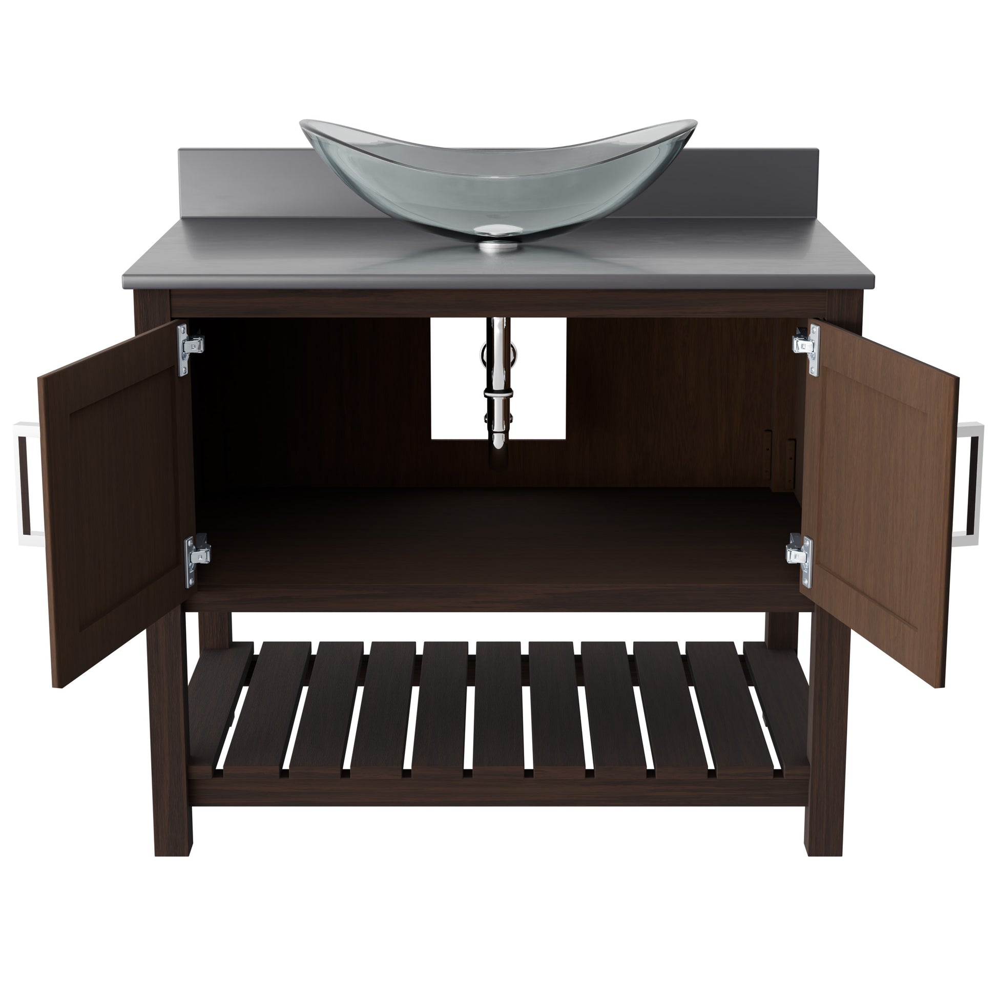 Novatto 36-inch bathroom vanity with storm grey quartz countertop and integrated sink, showcasing the sleek design and modern style.