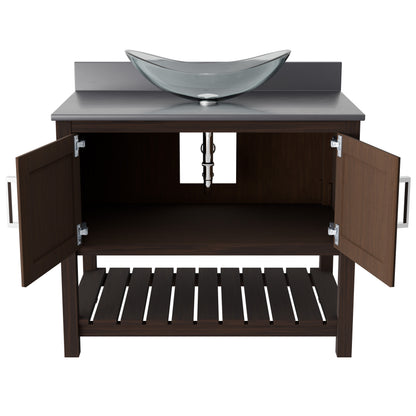 Novatto 36-inch bathroom vanity with storm grey quartz countertop and integrated sink, showcasing the sleek design and modern style.