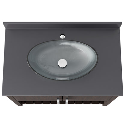 36-inch Novatto bathroom vanity with storm grey quartz counter and integrated sink, showcasing modern bathroom accessory design