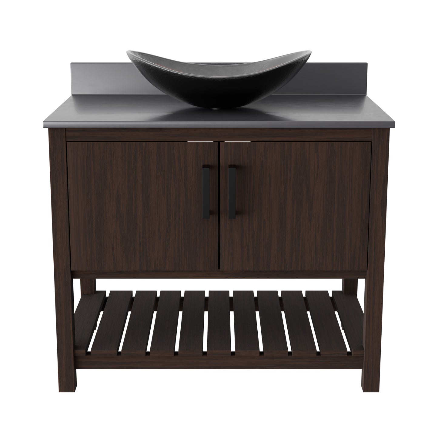 36-inch Novatto bath vanity with storm grey quartz countertop and sink, showcasing modern bathroom accessory design.