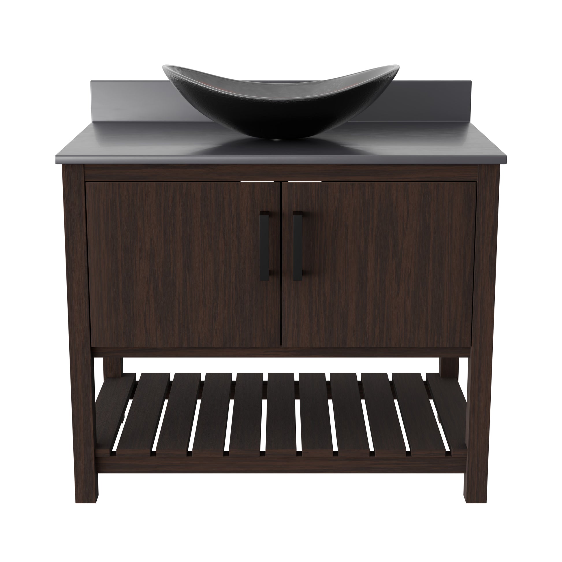 36-inch Novatto bath vanity with storm grey quartz countertop and sink, showcasing modern bathroom accessory design.
