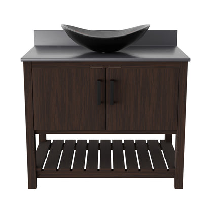 36-inch Novatto bath vanity with storm grey quartz countertop and sink, showcasing modern bathroom accessory design.