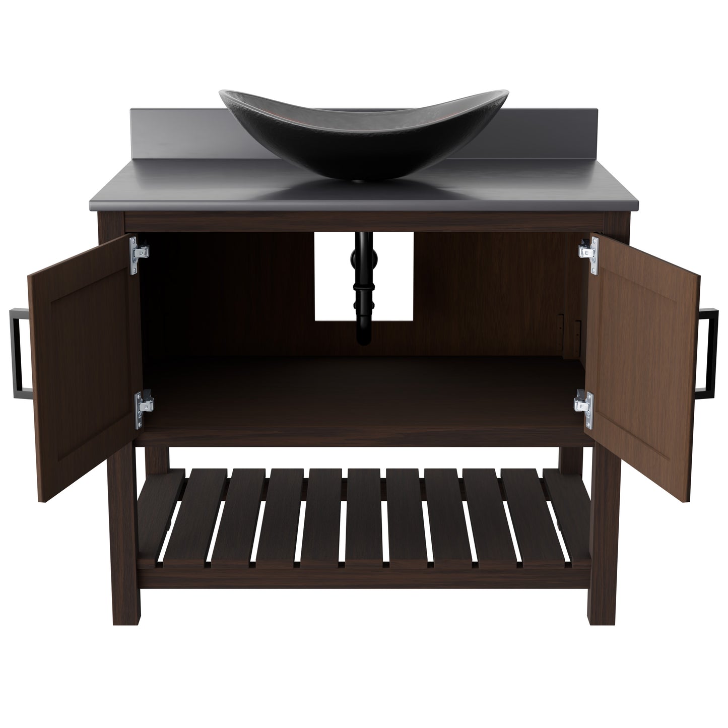 Novatto 36-inch bath vanity with storm grey quartz countertop and sink, showcasing sleek bathroom accessory design.