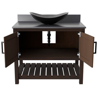 Novatto 36-inch bath vanity with storm grey quartz countertop and sink, showcasing sleek bathroom accessory design.
