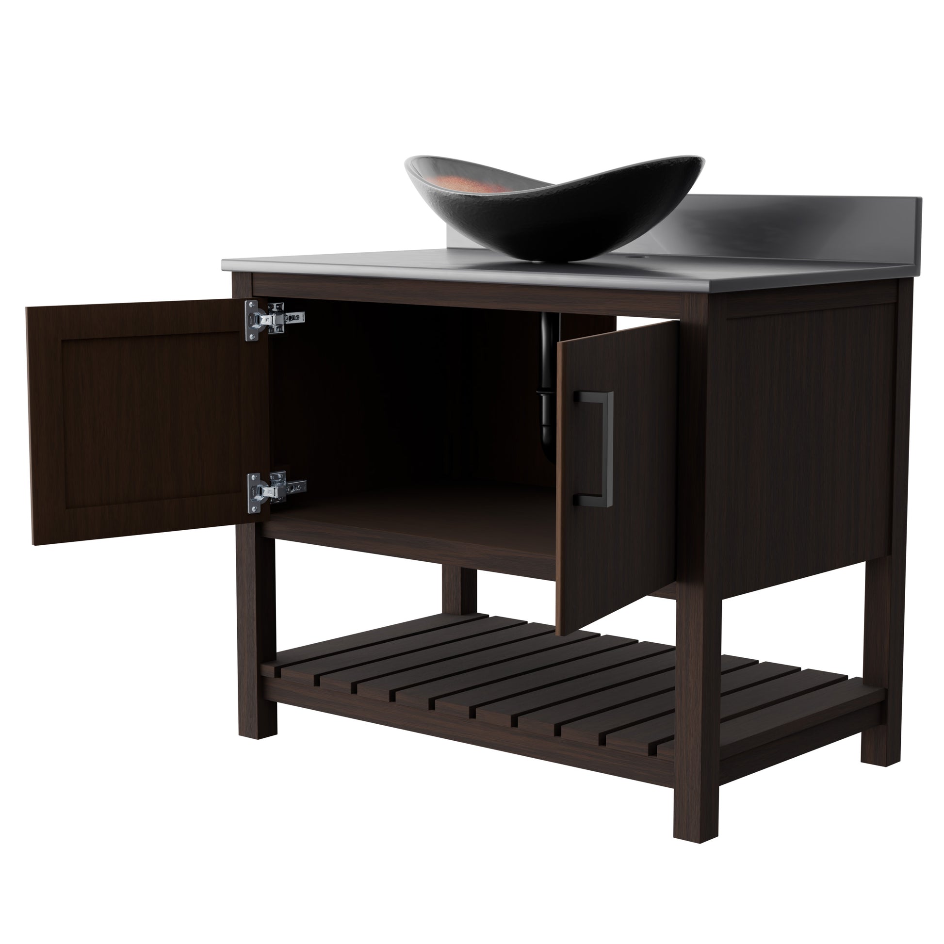 36-inch Novatto bath vanity with storm grey quartz countertop and integrated sink, showcasing sleek bathroom accessory design