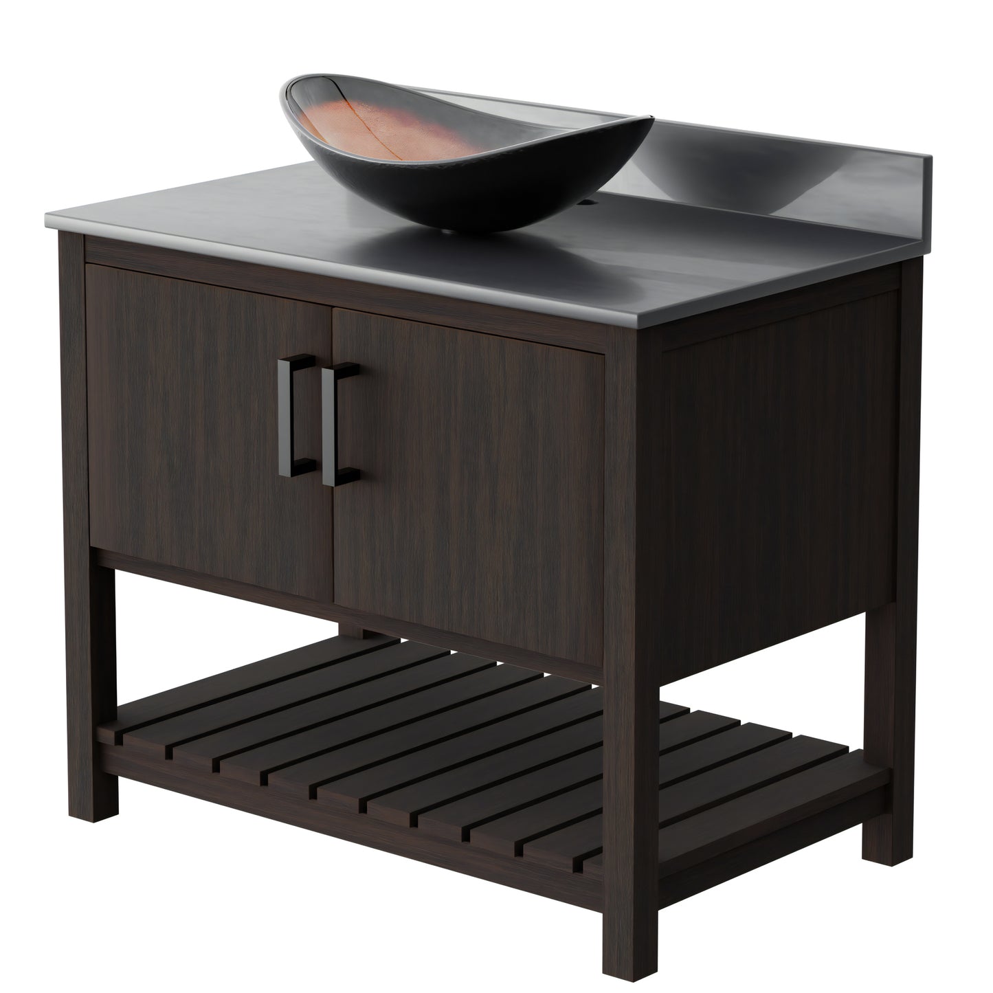 Novatto 36-inch bath vanity with storm grey quartz counter and sink, featuring modern bathroom accessory design.