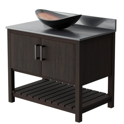 Novatto 36-inch bath vanity with storm grey quartz counter and sink, featuring modern bathroom accessory design.