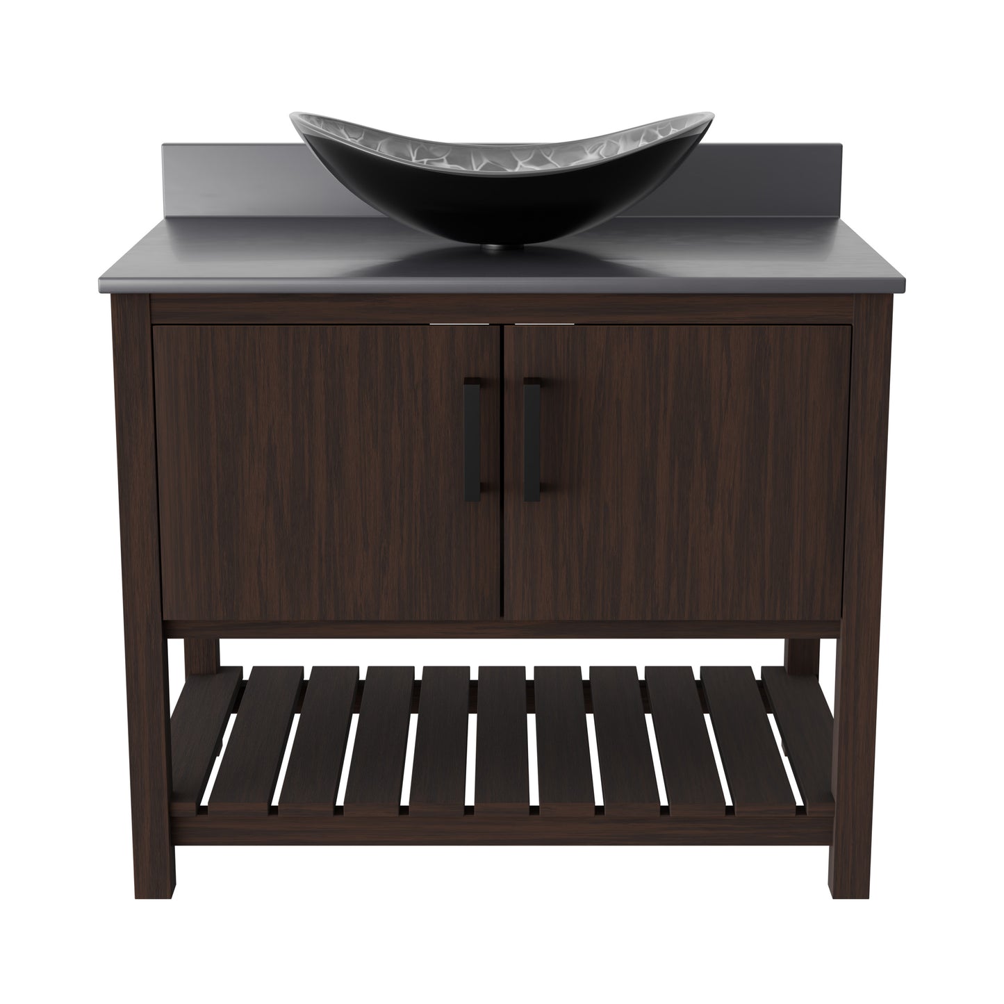 36-inch Novatto bath vanity with storm grey quartz countertop and integrated sink, modern bathroom accessory.