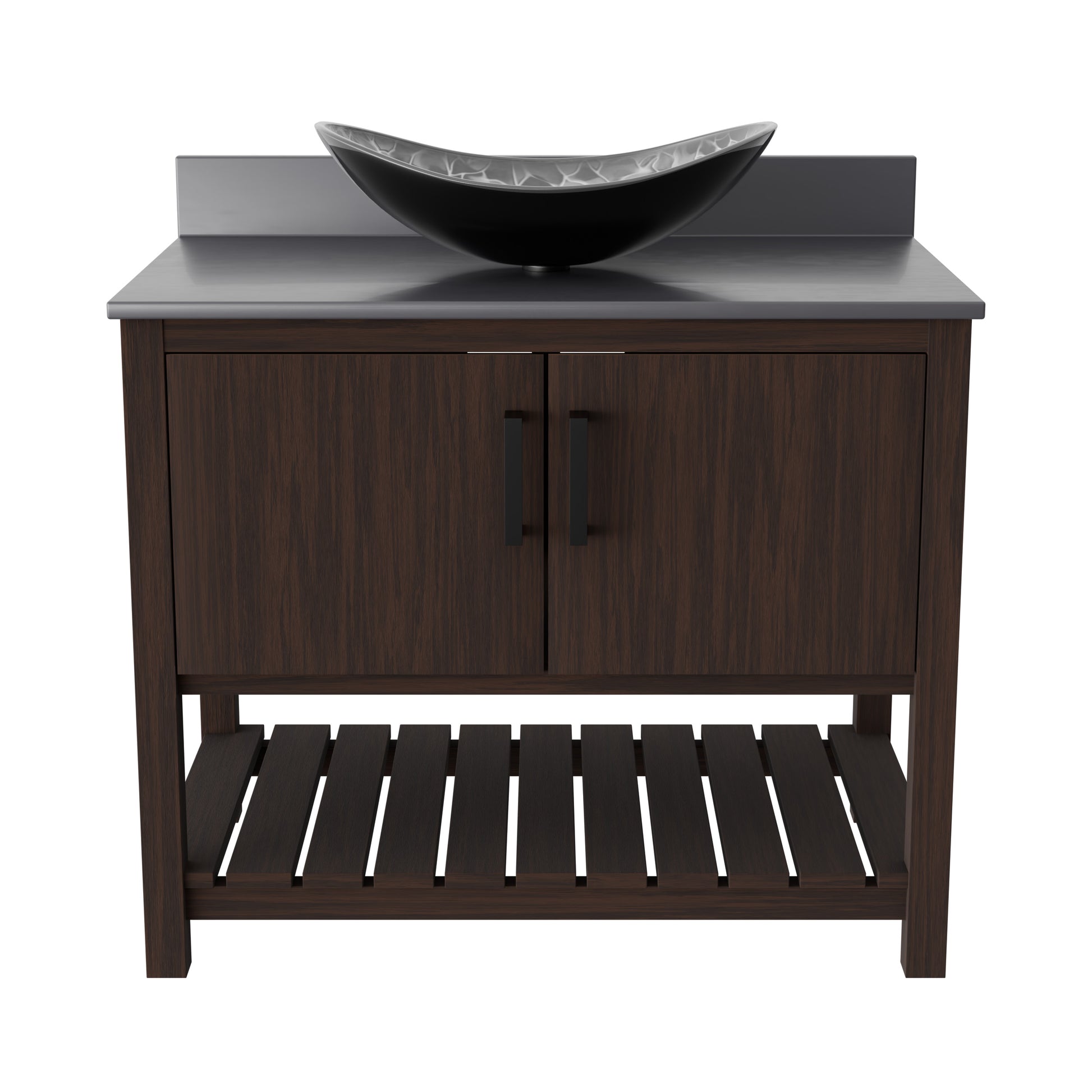 36-inch Novatto bath vanity with storm grey quartz countertop and integrated sink, modern bathroom accessory.